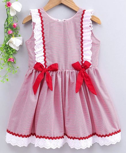 Rassha Striped Sleeveless Lace Frill Detailing Dress - Red