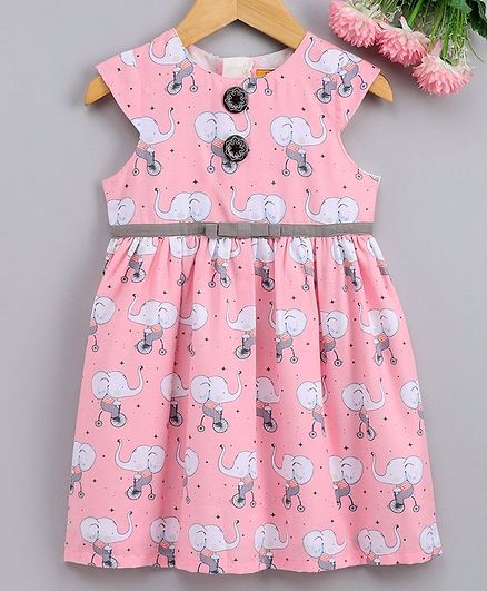 Yellow Duck All Over Elephant Printed Cap Sleeves Dress - Baby Pink
