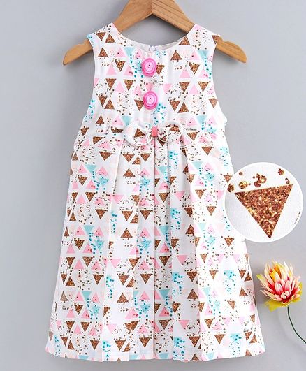 Yellow Duck All Over Triangle Printed Sleeveless Dress - Baby Pink & White