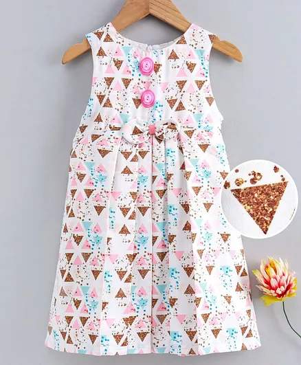 Yellow Duck All Over Triangle Printed Sleeveless Dress - Baby Pink & White