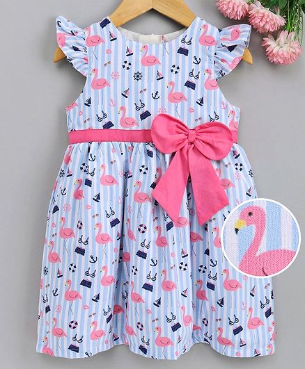 Yellow Duck All Over Flamingo Printed Cap Sleeves Striped Dress - Pink