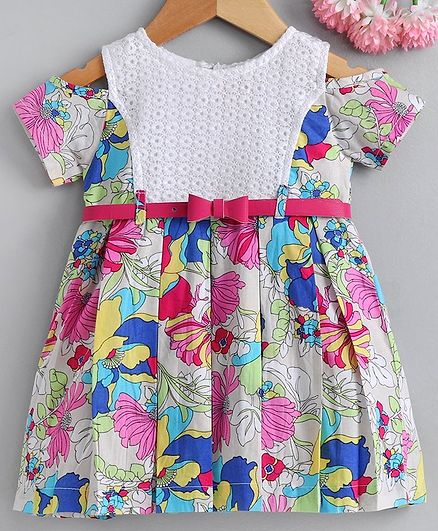 Yellow Duck Half Sleeves Flower Printed Box Pleated Cold Shoulder Dress - Pink