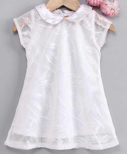Yellow Duck Pearl Detailing Short Sleeves Lacey Dress - White