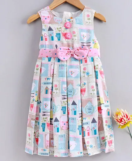 Yellow Duck Cutlery Printed Sleeveless Box Pleated Dress - Light Pink