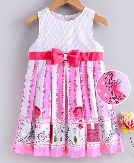 Yellow Duck Flower Printed Sleeveless Box Pleated Dress - Pink