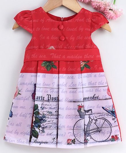 Yellow Duck Cap Sleeves Letter Print Detailing Box Pleated Dress - Red