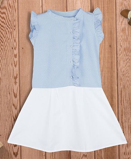 oui oui Striped Short Sleeves Pearl Button Dress - White