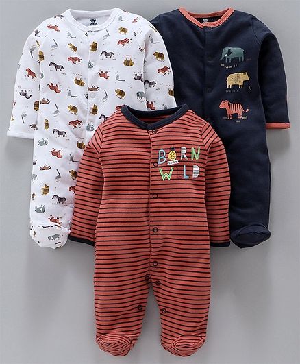I Bears Full Sleeves Footed Romper Allover Print Pack of 3 - White Blue Red