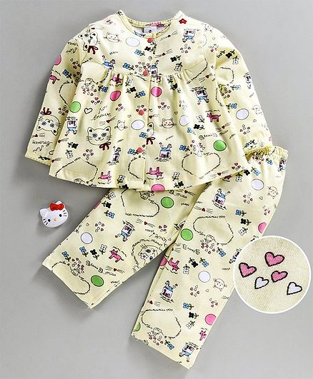 Ollypop Full Sleeves Night Suit Kitty Print - Light Yellow