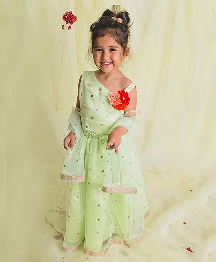 Saka Designs Embellished Sleeveless Lehenga Choli with Dupatta Set - Green