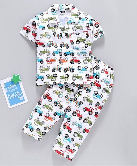 Fido Half Sleeves Night Suit Car Print - Cream