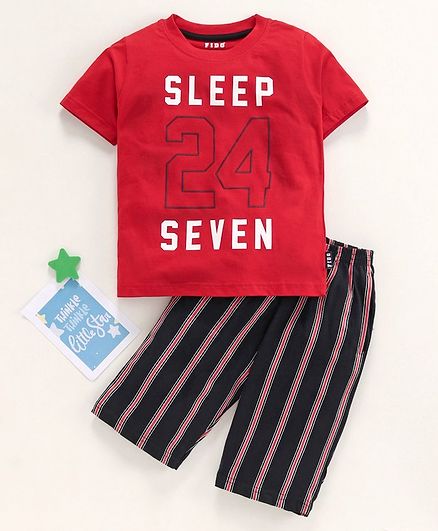 Fido Half Sleeves Night Suit Text Print - Red
