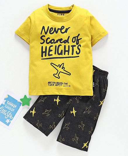 Fido Half Sleeves Tee & Bottom Text Print - Yellow