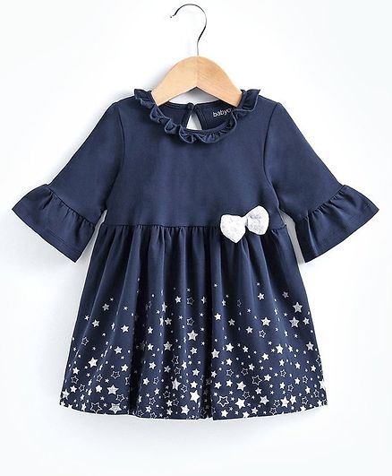 Babyoye Three Fourth Sleeves Cotton Lycra Frock Glitter Star Print - Navy Blue