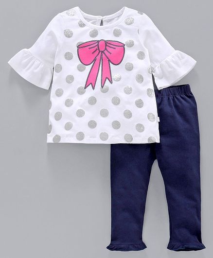 Babyoye Cotton Three Fourth Sleeves Top with Leggings Bow Print - White Blue