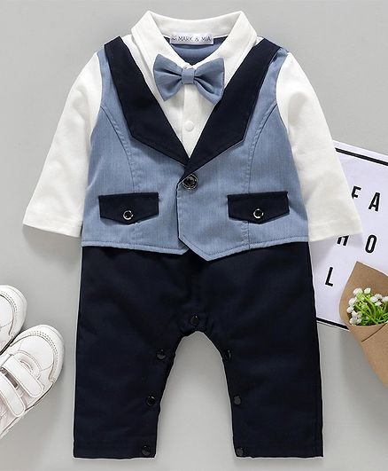 Mark & Mia Full Sleeves Party Wear Romper with Mock Waist Coat & Bow - Blue White