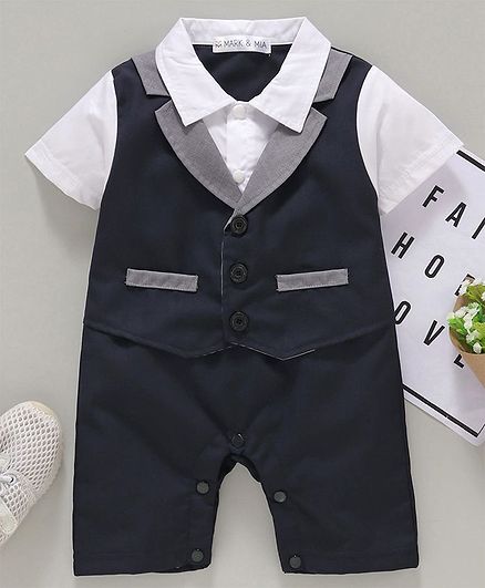 Mark & Mia Half Sleeves Party Wear Romper with Mock Waist Coat - Dark Blue White