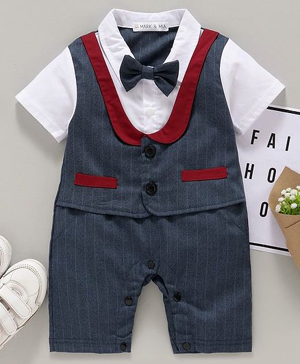 Mark & Mia Half Sleeves Striped Party Wear Romper with Bow & Mock Waist Coat - Grey White