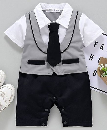 Mark & Mia Half Sleeves Party Wear Romper with Mock Waist Coat & Tie - Grey White