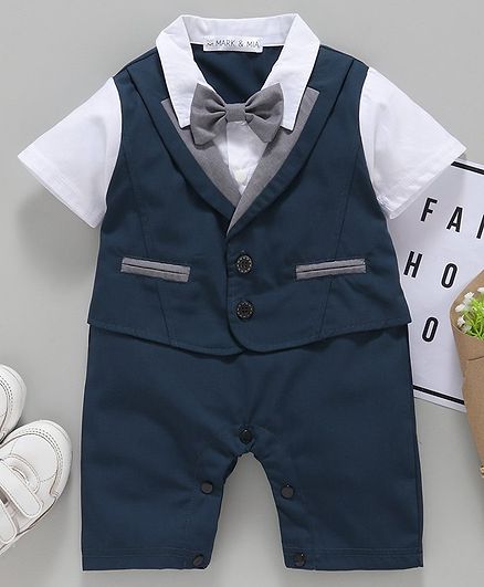 Mark & Mia Half Sleeves Party Wear Romper with Bow & Mock Waist Coat - Dark Blue White