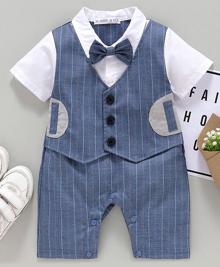 Mark & Mia Half Sleeves Striped Party Romper with Bow & Mock Waist Coat - Blue