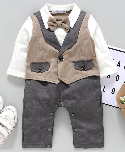 Mark & Mia Half Sleeves Party Wear Romper with Bow & Mock Waist Coat - Brown White