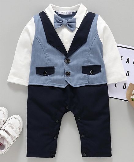 Mark & Mia Full Sleeves Party Suit Style Romper - Blue White