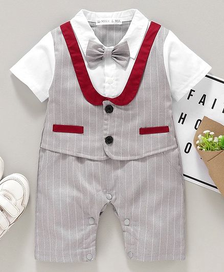 Mark & Mia Half Sleeves Striped Party Wear Romper with Bow & Mock Waist Coat - Light Grey White