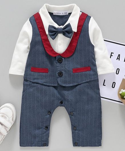 Mark & Mia Half Sleeves Striped Party Wear Romper with Bow & Mock Waist Coat - Blue White
