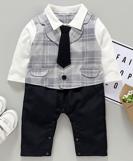 Mark & Mia Full Sleeves Checked Party Wear Romper with Mock Waist Coat & Tie - Grey White