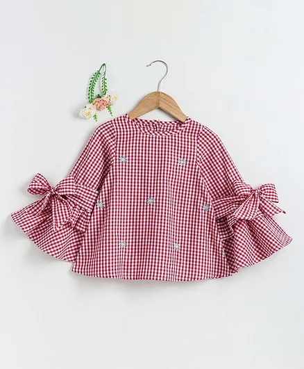 Soul Fairy Checked & Embroidered Full Sleeves Top - Red