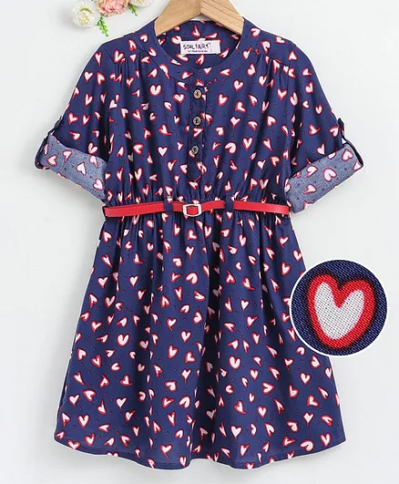 Soul Fairy Heart Printed Full Sleeves Dress With Belt - Navy Blue