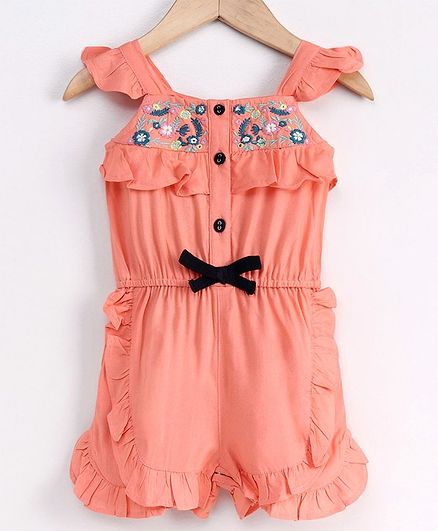 Babyoye Flutter Sleeves Cotton Jumpsuit Style Romper Floral Embroidered - Coral