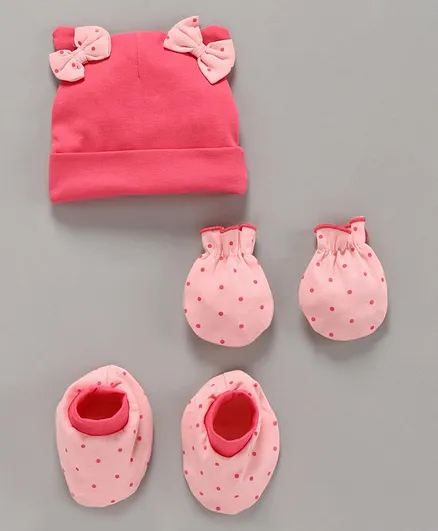 Babyhug 100% Cotton Cap, Mitten and Booties Set Polka Dot Print - Pink