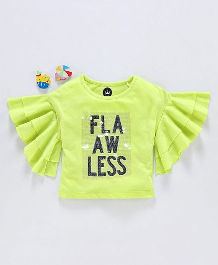 Vitamins Bell Sleeves Top Text Sequin Embellishment - Green