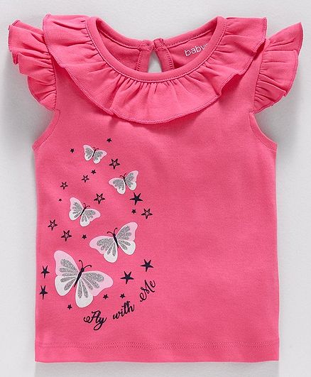 Babyoye Cap Sleeves Top Butterfly Print - Pink
