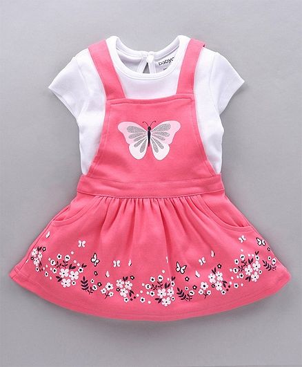 Babyoye Cotton Dungaree Style Frock with Tee Butterfly Print - Pink White