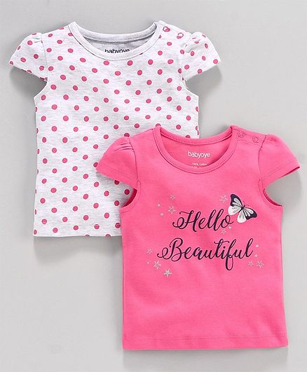 Babyoye Cap Sleeves Cotton Tees Pack of 2 - Pink Light Grey