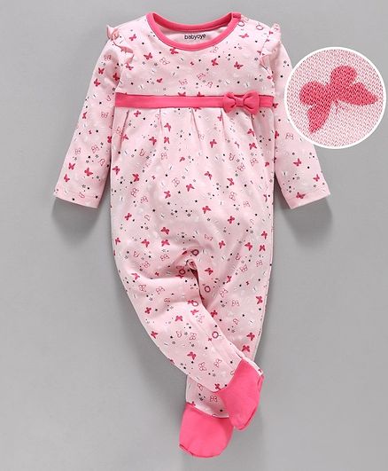 Babyoye Full Sleeves Cotton Sleepsuit Butterfly Print - Pink