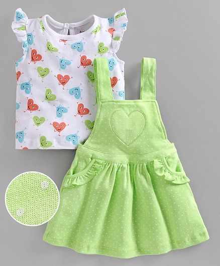 Babyoye Polka Dotted Dungaree Frock with Flutter Sleeves Inner Tee Heart Print - Green