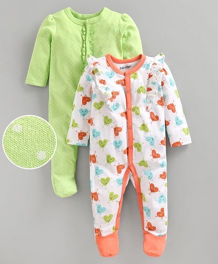 Babyoye Full Sleeves Cotton Sleepsuit Ditsy Polka Dots Pack of 2 - Lime Green