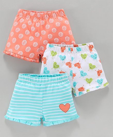 Babyoye Cotton Shorts Striped & Printed Pack of 3 - Blue Orange White