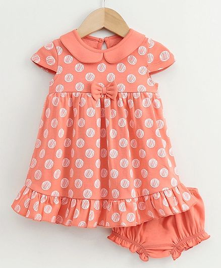 Babyoye Cotton Cap Sleeves Frock with Bloomer Polka Dot Print - Coral