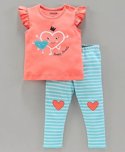 Babyoye Cotton Cap Sleeves Top & Stripe Leggings Heart Print - Coral Blue