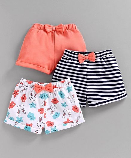 Babyoye Cotton Shorts Bow Appliques Pack of 3 - Orange White Navy Blue