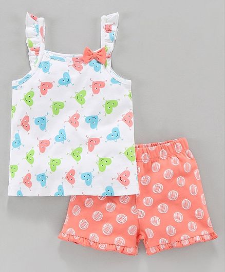 Babyoye Flutter Sleeves Top & Shorts Set Heart Print - White Peach