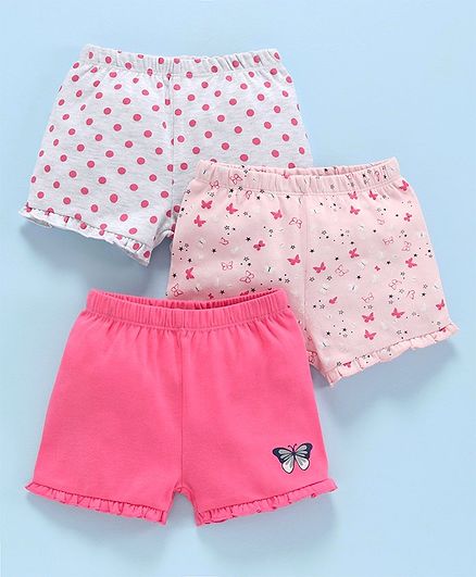 Babyoye Cotton Shorts Striped & Printed Pack of 3 - Pink Grey