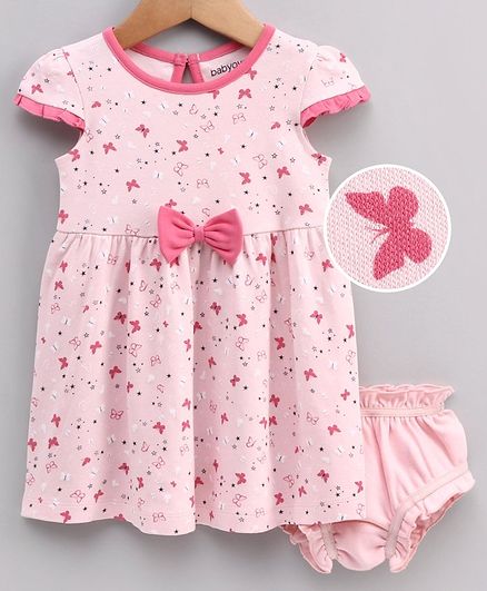 Babyoye Cotton Cap Sleeves Frock With Bloomer Butterfly Print - Pink