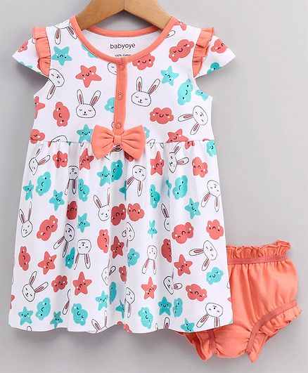 Babyoye Cotton Cap Sleeves Frock With Bloomer Bunny Print - White