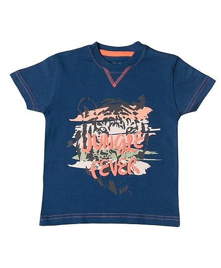 Kid Studio Round Neck Half Sleeve Tiger Printed Tees - Navy Blue